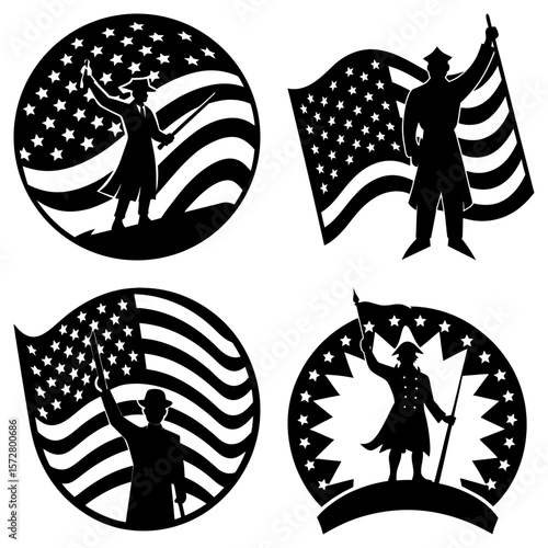 Silhouettes of figures with american flags in various circular and rectangular designs
