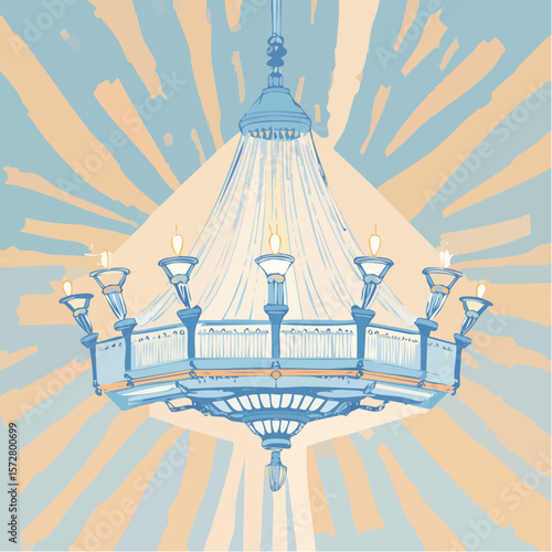 Hand drawn illustration of vintage chandelier. Coquette style line art crystal lamp. Sketch drawing of antique lighting equipment. Vector design