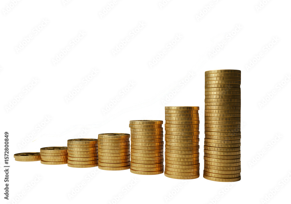 Stacks of gold coins arranged in ascending order, symbolizing financial growth and investment success isolated on transparent background Stacks of gold coins arranged in ascending order, symbolizing financial growth and investment success isolated on transparent background