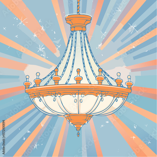 Hand drawn illustration of vintage chandelier. Coquette style line art crystal lamp. Sketch drawing of antique lighting equipment. Vector design