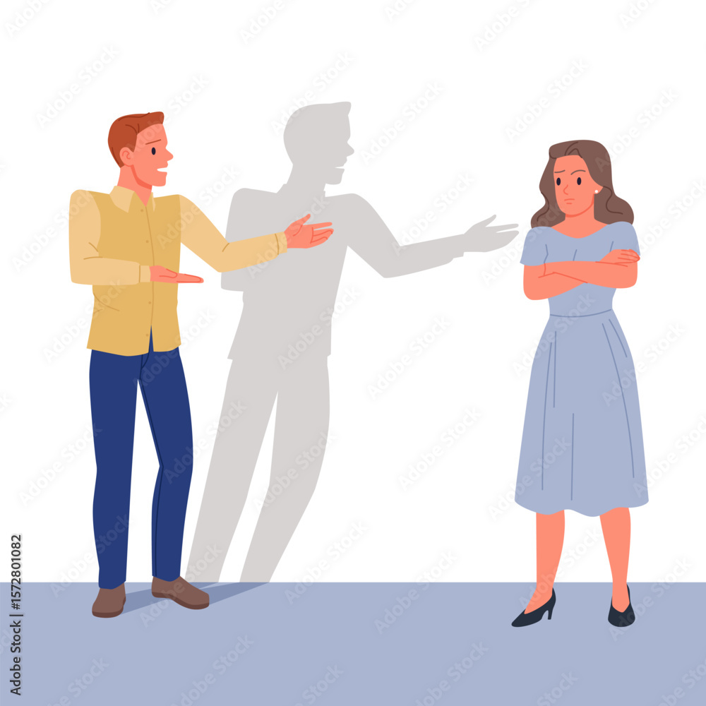 Fototapeta premium Serious talk in couple, dialog between man and woman, love conflict of partners. Husband speaking to wife pointing with hand, sad unhappy woman standing with arms crossed cartoon vector illustration