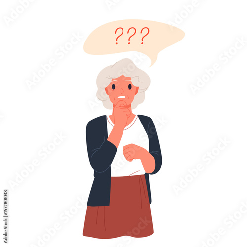 Memory loss problem, diagnosis of dementia in elderly patient. Old sad woman with Alzheimer symptoms, confused grandmother with worry and question marks in thoughts cartoon vector illustration