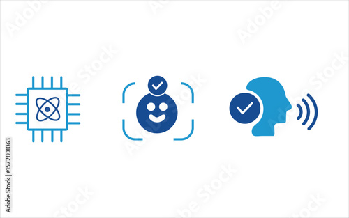 Artificial intelligence three icons,  Quantum computing, facial recognition, voice recognition technology, illustration vector file, high resolution image, Outline sign symbol. transparent backgoud