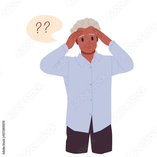 Memory loss problem, diagnosis of dementia in senior people. Old sad man holding head in hands in worry and doubt, cognitive problem of forgetful confused elderly patient cartoon vector illustration