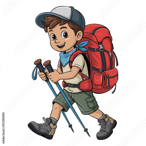 Happy cartoon boy hiker with backpack and trekking poles