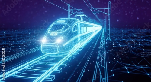 Futuristic blue wireframe high speed train on digital tracks with network connections