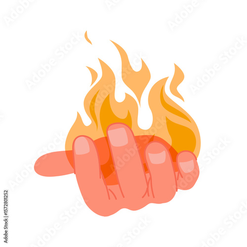 Human hand holding hot fire in palm, front view. Arm of person carrying flame to light bonfire, flaming gesture to give energy and power of fire, motivation and spirit cartoon vector illustration