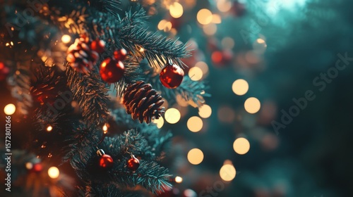Wallpaper Mural Close-up of decorated Christmas tree branch with red ornaments, pine cones, and warm lights. Torontodigital.ca
