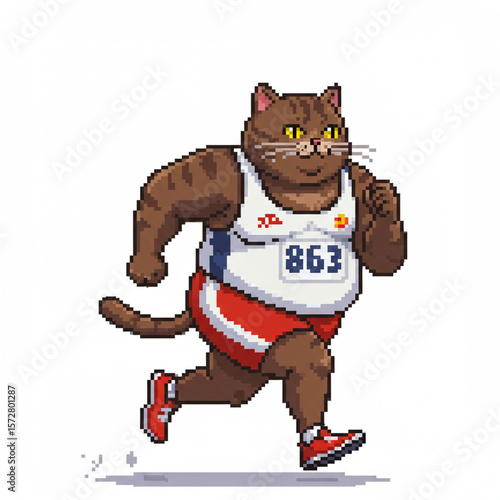 Pixel Art Fat Cat Athlete Sprinting: High-Detail 8K Image Isolated on White. 