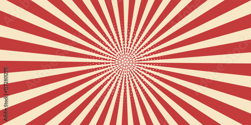Circus background and spiral retro rays vector pattern. Vintage poster of red white sun or star burst radial