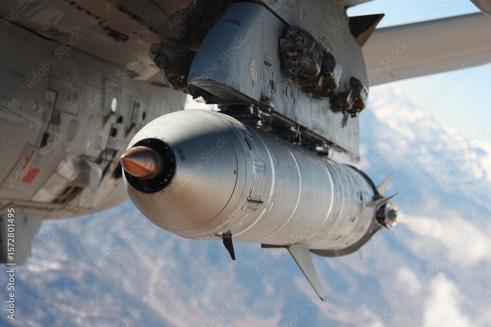 Obraz premium A silver missile is flying through the sky