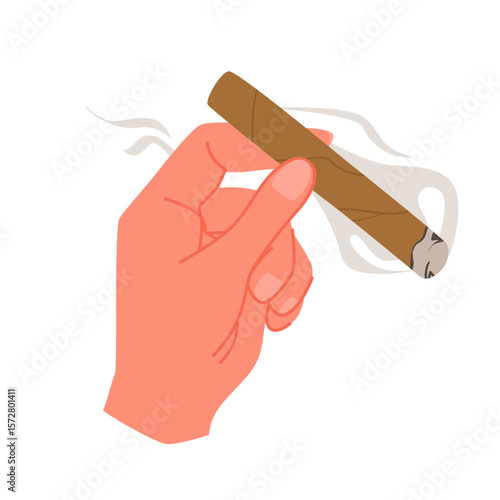 Hand of smoking man holding vintage cigar with tobacco. Two fingers of gentleman hold cigar to smoke, bad lifestyle habits and addiction of smoker to harm health of lungs cartoon vector illustration