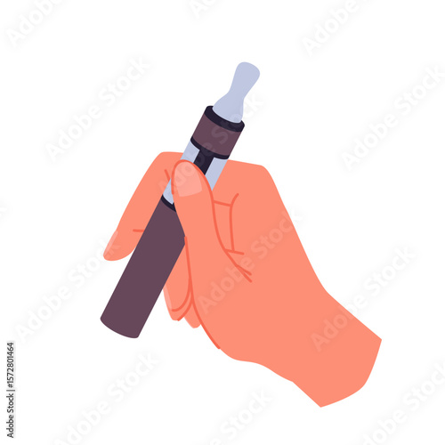 Hand holding electronic cigarette for vaping. Fingers of male smoker character hold vaper model with flavor as alternative to smoking tobacco and nicotine cigarettes cartoon vector illustration