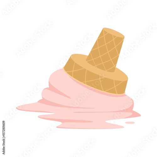 Pink ice cream in waffle cup fell down. Melted soft strawberry gelato dropped and spilled puddle on floor, melting creamy delicious sundae on surface due to mistake cartoon vector illustration