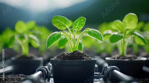 A vibrant young plant thrives in a dark nursery pot on a modern flower cart showcasing healthy growth in a commercial plant nursery setting, ready for transplanting.