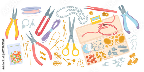 Handmade jewelry, accessory making kit set. Creative jewellery makers diy tools, thread and beads, gold and silver metal clasps, crimps for boho earrings and necklaces cartoon vector illustration