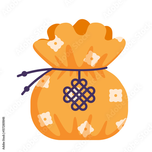 Korean gift bag, happy souvenir tradition in Korea. Yellow cloth pouch with floral pattern and endless knot, traditional present to Lunar New Year or Chuseok celebration cartoon vector illustration