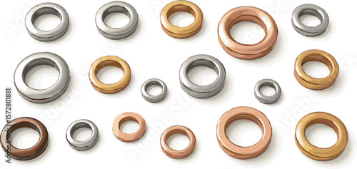 Create a kinds of deferent Metallic grommet set vector art with white background.