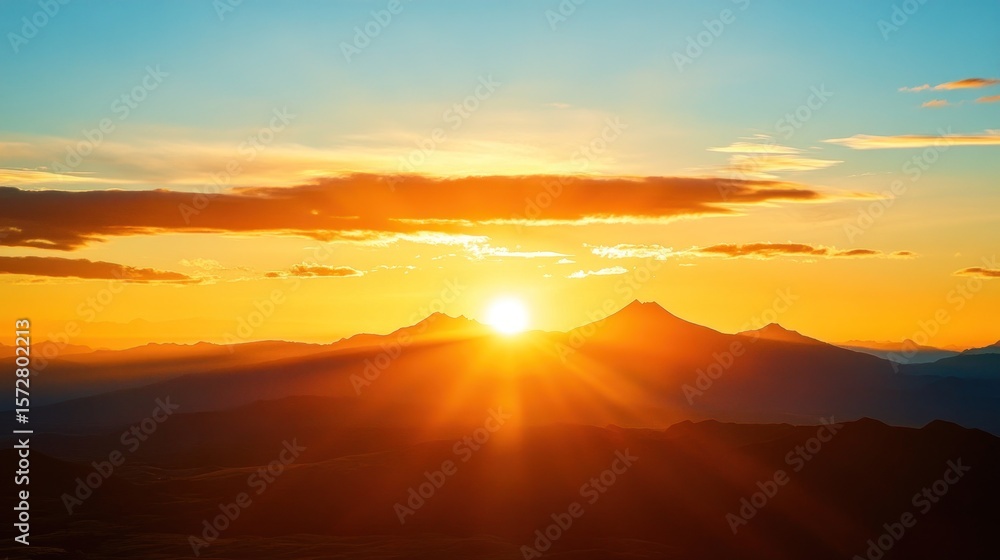 Vibrant sunrise over majestic mountain range, showcasing golden hour light and dramatic silhouette. Vibrant sunrise over majestic mountain range, showcasing golden hour light and dramatic silhouette.