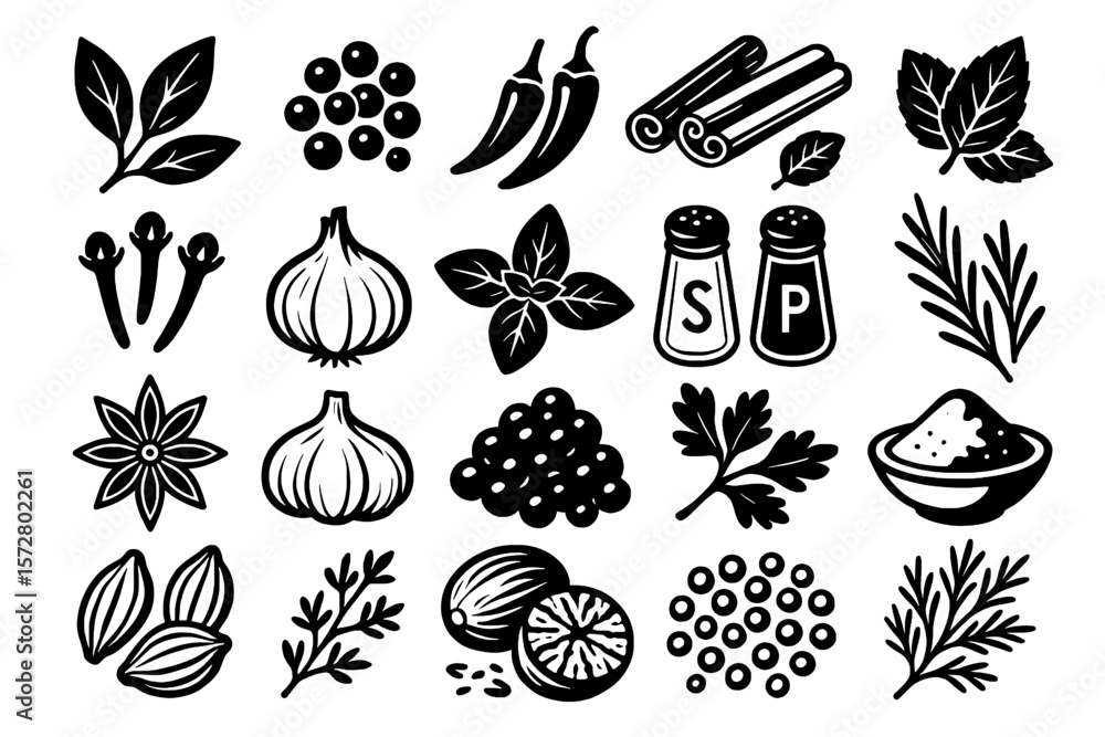 Fototapeta premium Hand drawn Kitchen Spices and Herbs vector set.