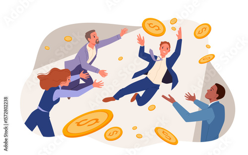 Business people chasing financial success and money, corporate competition for big salary. Young employees fly and catch gold coins, trying grab to profit cash and wealth cartoon vector illustration