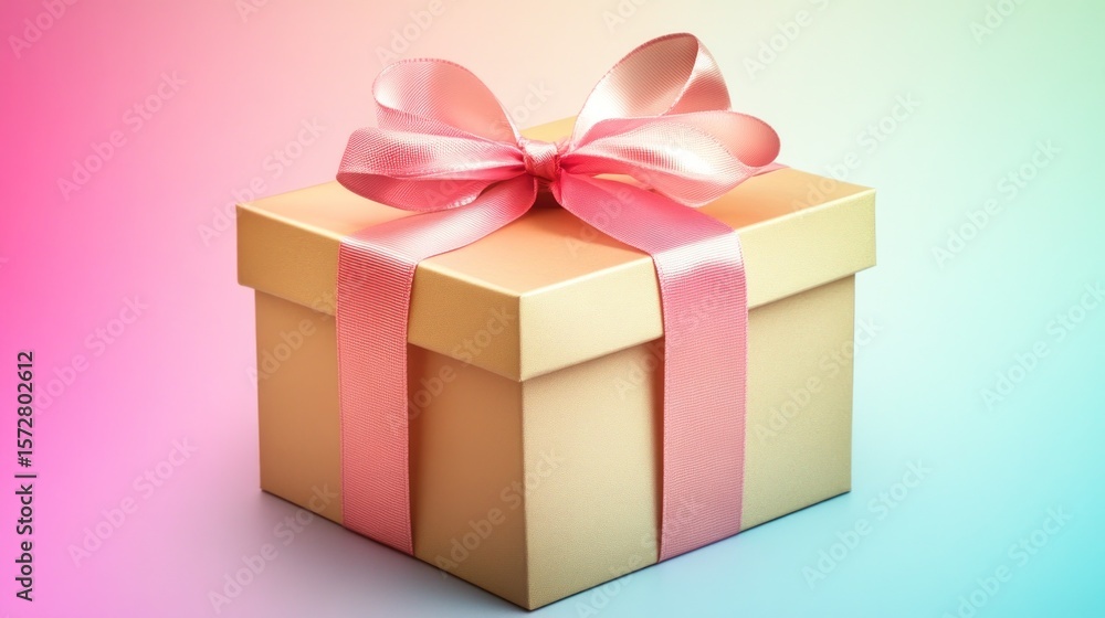 Gold gift box with pink ribbon bow on pastel background. Gold gift box with pink ribbon bow on pastel background.