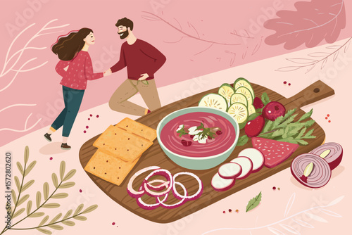 Vector art of a couple enjoying beet hummus with crackers.