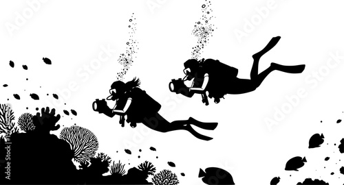 Silhouette of a scuba diver exploring underwater with fish and coral reef in monochrome black and white style