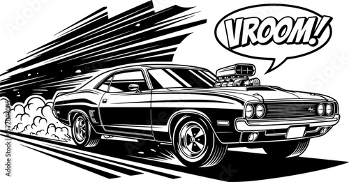 Stylized muscle car speeding with vroom sound effect and tire smoke in black and white illustration editable vector