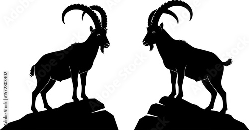 Two ibex silhouettes one standing on a rock the other on the ground in a black and white illustration editable vector