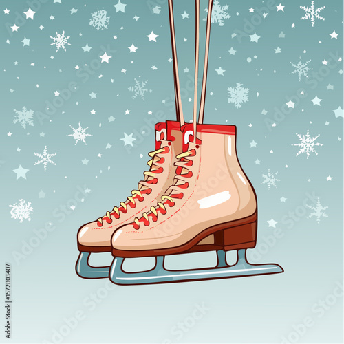 Pair of vintage ice skates hanging on laces. Symbol of winter and christmas holidays. Hand drawn vector illustration of shoes for outdoor activity.