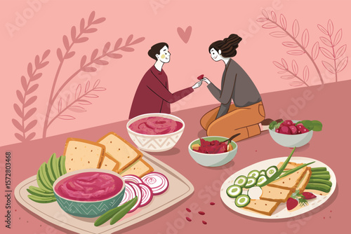A couple shares beet hummus with crackers.