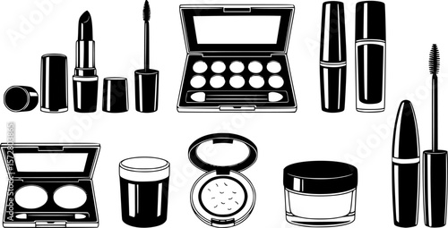A collection of various makeup and beauty products arranged neatly in a graphic representation |eps vectors set silhouette
