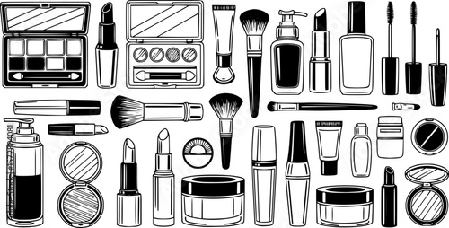 A collection of various makeup and beauty products arranged neatly in a graphic representation |eps vectors set silhouette