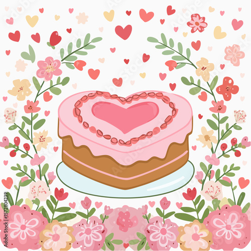 Hand drawn heart shaped cake for wedding, valentine day, anniversary. Whimsical doodle dessert illustration. Coquette bakery item. Line art sweet pastry food. Vector graphic