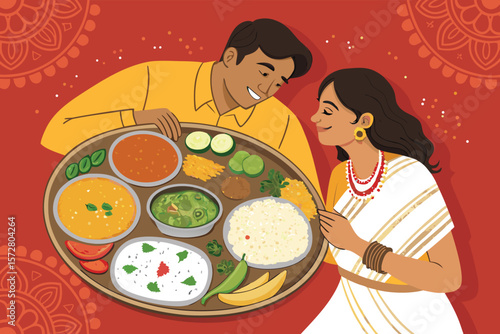 Vector couple enjoys a vibrant vegan Indian thali.