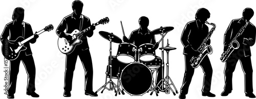 Silhouettes of musicians playing jazz instruments including saxophone trumpet piano and drums in a band