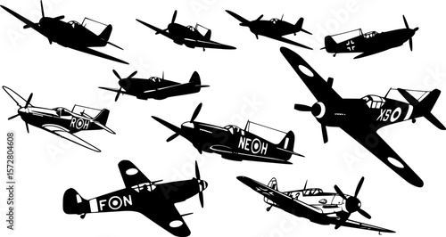 Silhouette illustration showcasing multiple fighter jets in various perspectives and orientations on white editable vector