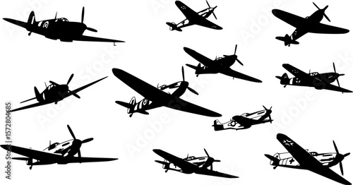 Silhouette illustration showcasing multiple fighter jets in various perspectives and orientations on white editable vector