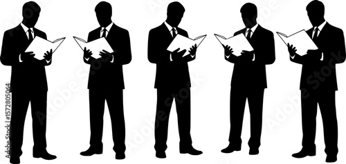 Silhouettes of five men in suits standing and holding open books or documents in their hands reading them editable vector 