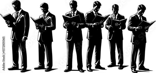 Silhouettes of five men in suits standing and holding open books or documents in their hands reading them editable vector 