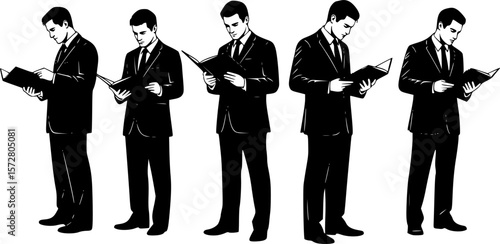Silhouettes of five men in suits standing and holding open books or documents in their hands reading them editable vector 