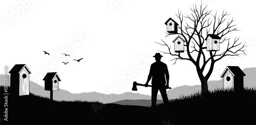 Silhouette of a farmer tilling the land with family near a tree in a rural landscape setting scene