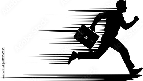  businessman silhouettes running with briefcases in a hurry on a white reflective surface image editable