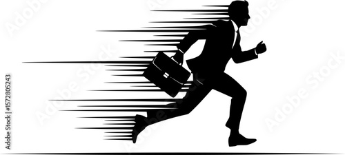  businessman silhouettes running with briefcases in a hurry on a white reflective surface image editable