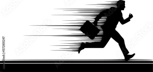  businessman silhouettes running with briefcases in a hurry on a white reflective surface image editable