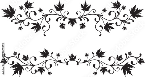 Autumn border from ornate leaves. Ornamental design elements. Horizontal dividers. Black silhouette