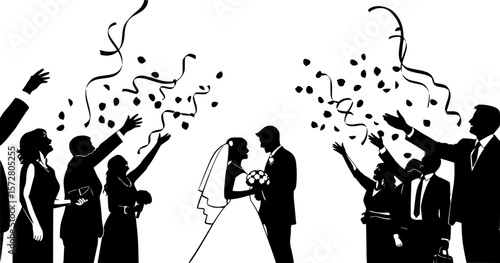Silhouette of wedding celebration with bride groom and guests throwing petals and ribbons in black 