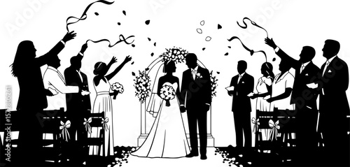Silhouette of wedding celebration with bride groom and guests throwing petals and ribbons in black 
