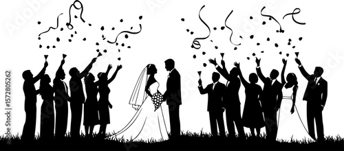 Silhouette of wedding celebration with bride groom and guests throwing petals and ribbons in black 